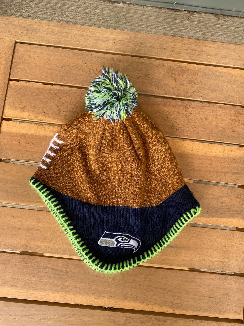 Kids Seahawks Pom Beanie - Navy, Brown, Lime